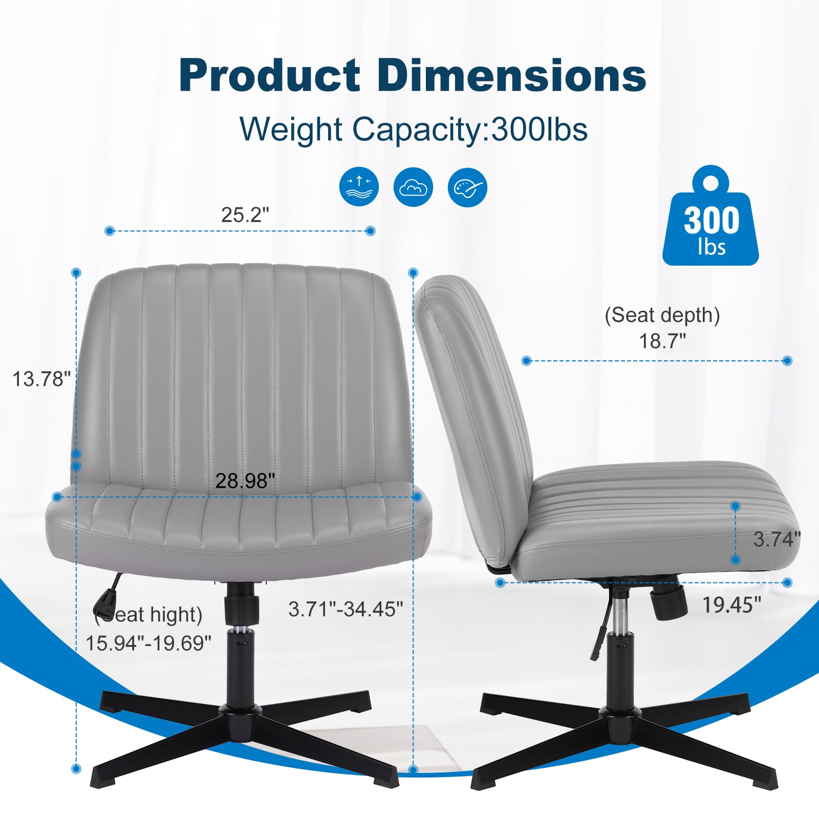 Criss Cross Legged Chairs Armless No Wheels Wide Seat Height Adjustable Swivel Padded PU Leather Home Office Desk Chair for Bedroom, Student, Study Room,Grey