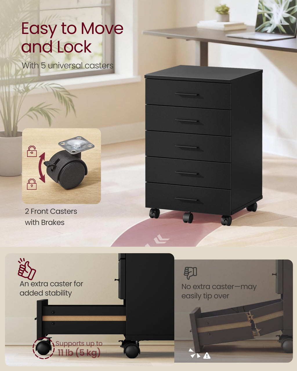 File Cabinet, Mobile Pedestal Filing Cabinet with Wheels, Printer Stand with 5 Drawers, Tool-Free Sliding Rails, for Study, Home Office, Ink Black