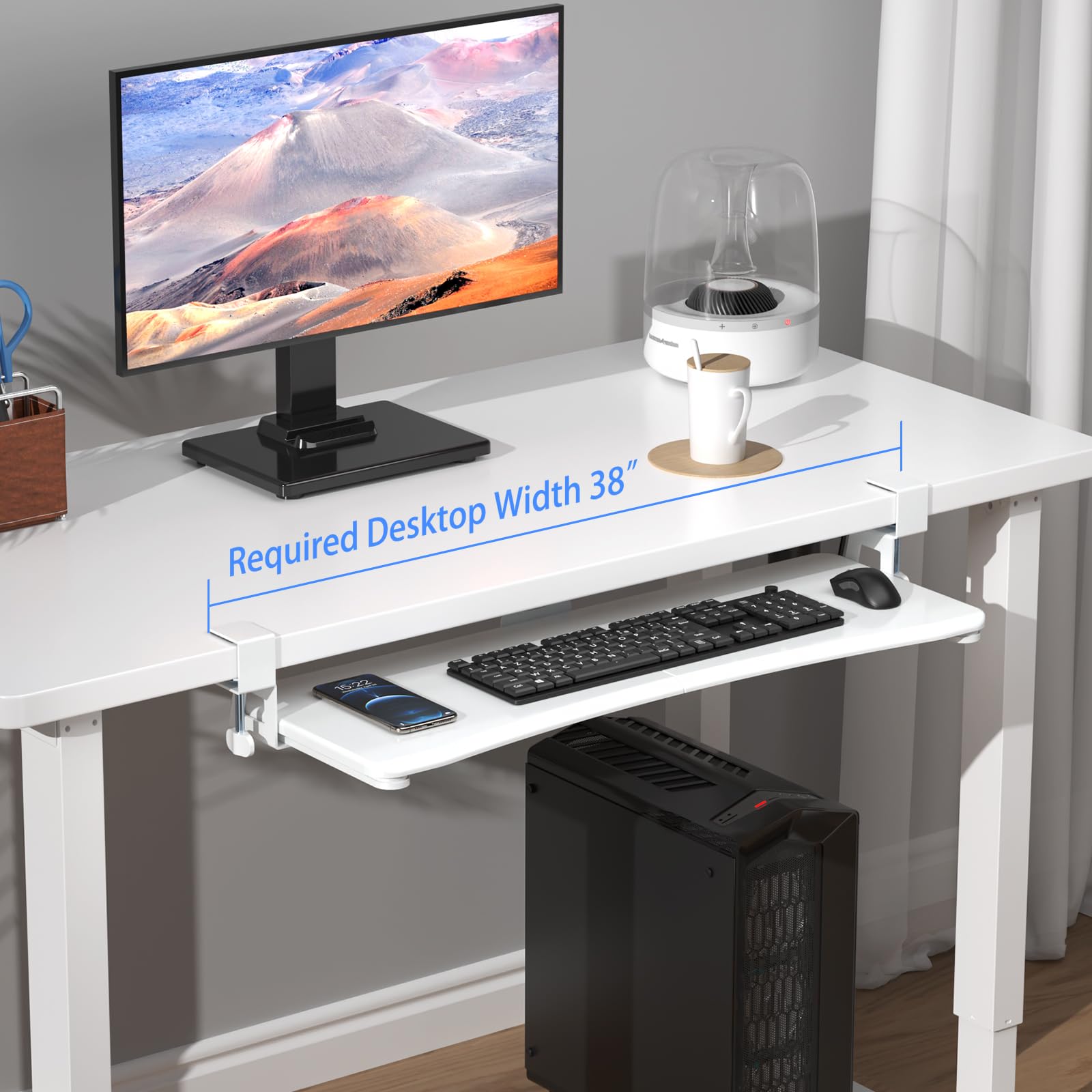 Large Keyboard Tray Under Desk Pull Out with C Clamp Mount, Computer Keyboard & Mouse Tray, 34 (38 Including Clamps) x 11.8 inch Slide-Out Platform Computer Drawer for Typing, White,