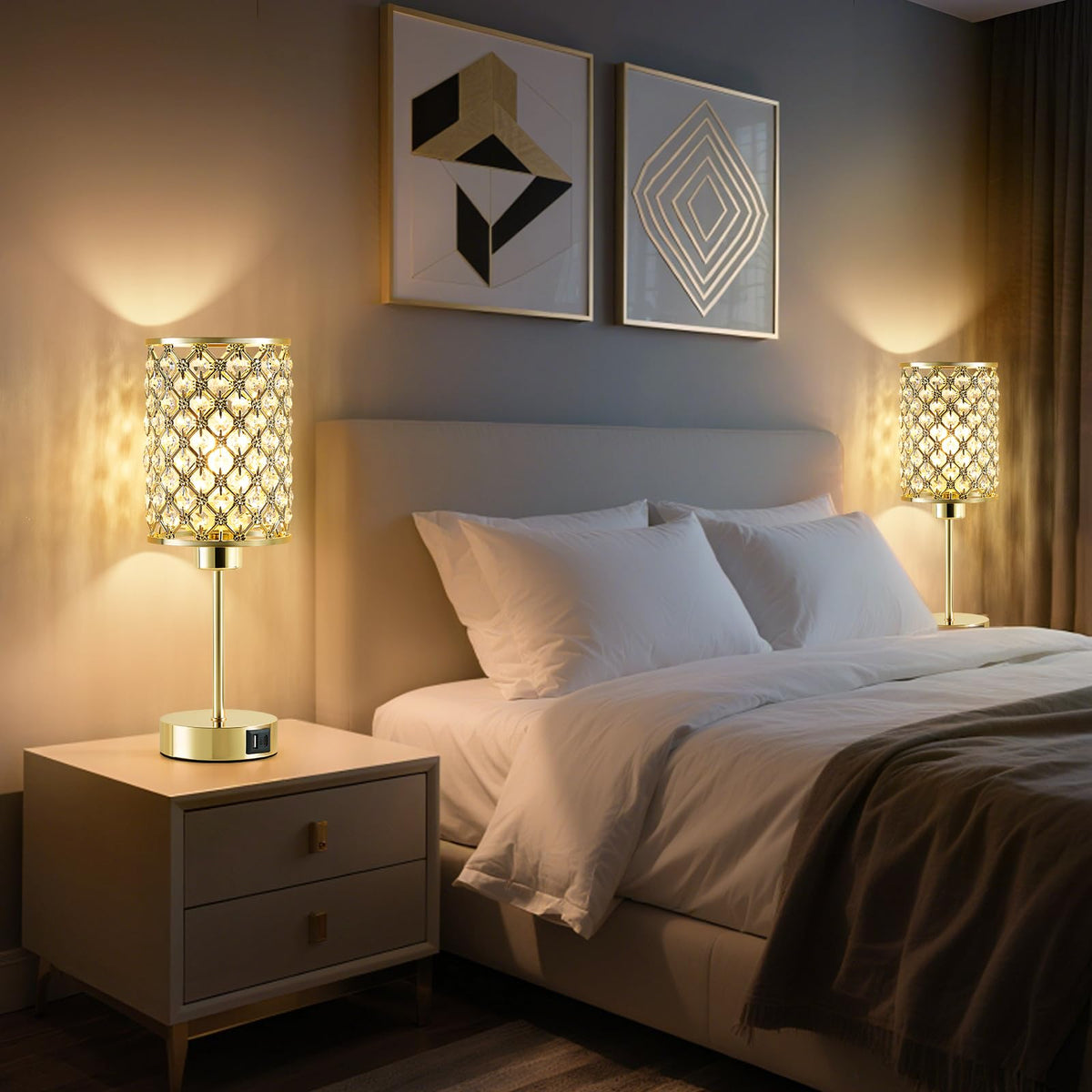 Gold Crystal Bedside Table Lamps Set of 2 with USB C+A Ports