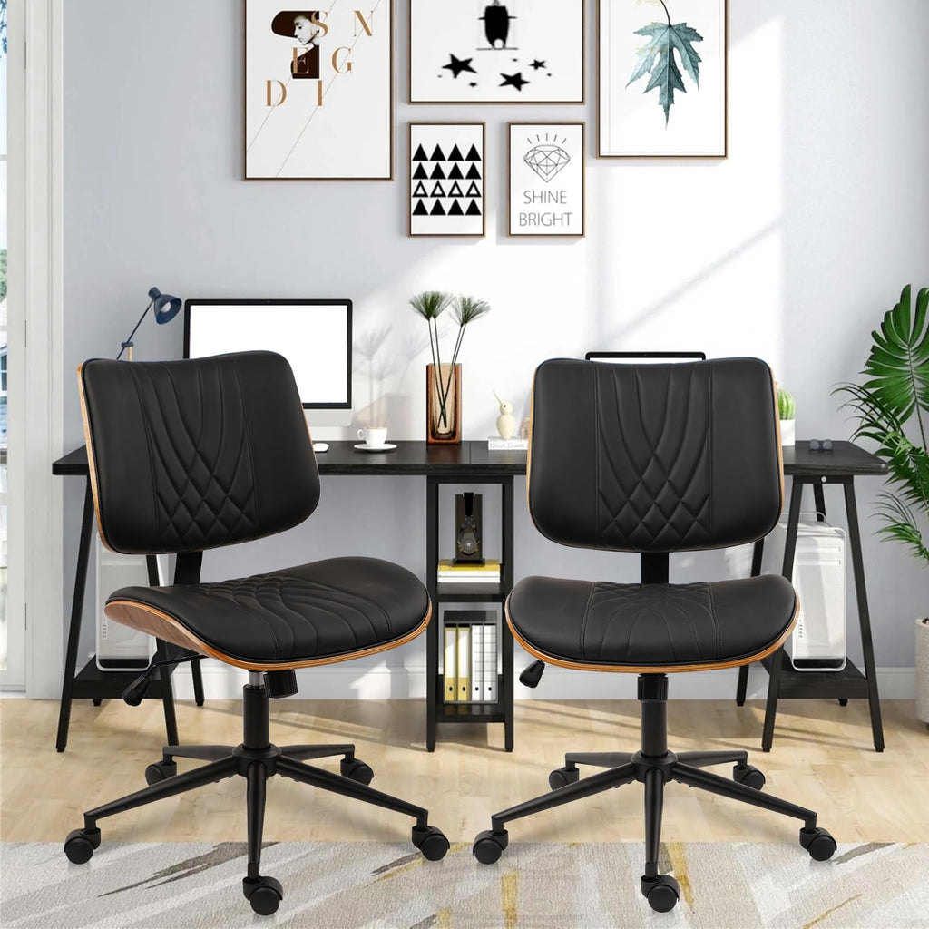 Armless Home Office Chair, Desk Chair with Wheels, Adjustable Height Reading Chair, Leather Mid Back & Swivel Computer Chair, Modern Walnut Chairs with Back for Study Meeting Room(Black) 2Pack