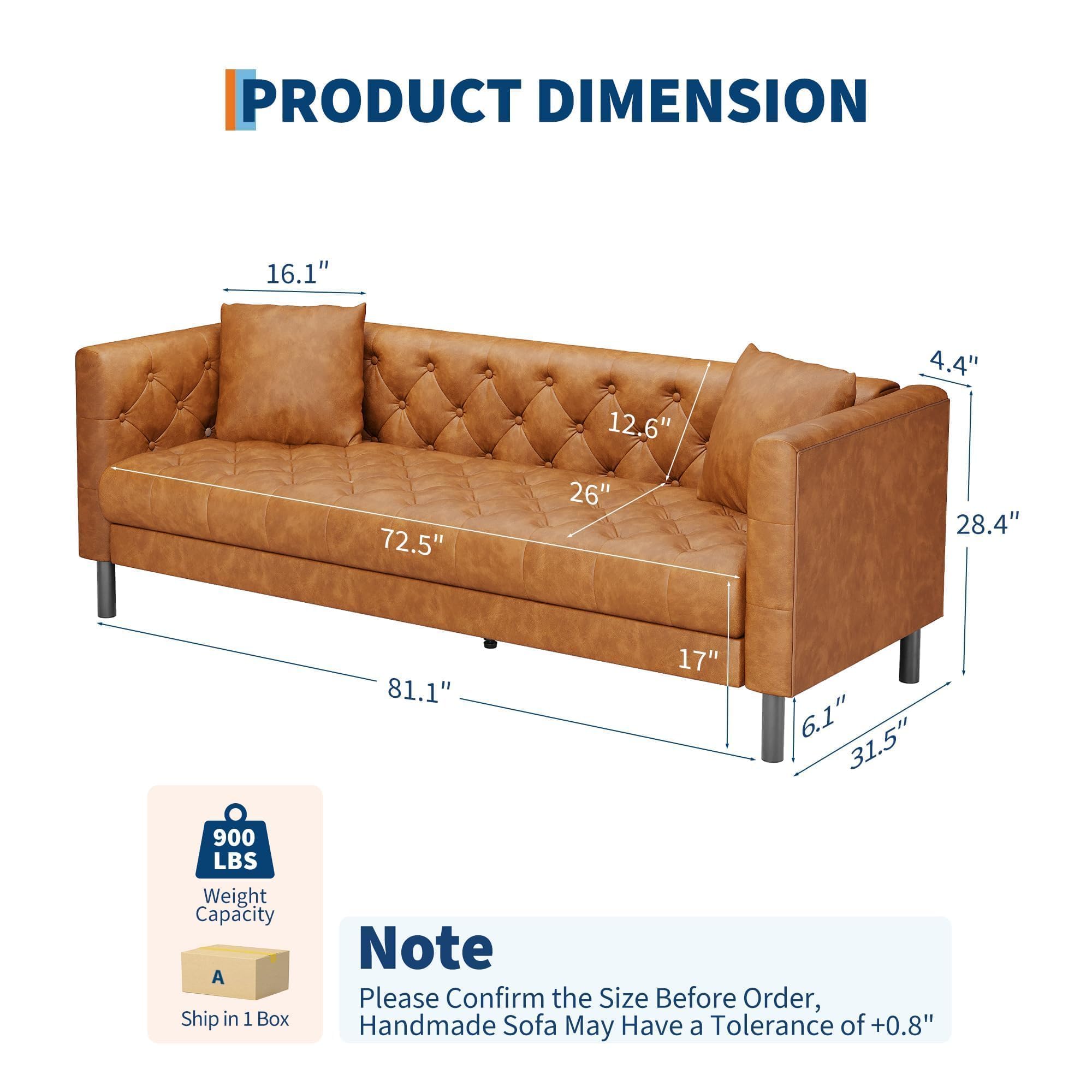 81" Leather Couch, Chesterfield Sofa with Deep Seat, Handmade Button Tufted 3 Seater Sofa, Modern Leather Sofa for Apartment, or Office, Cognac Tan