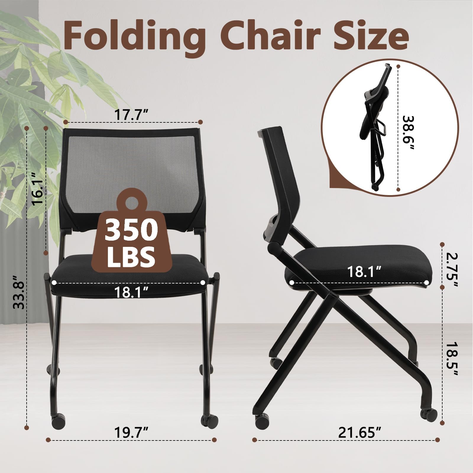 Stackable & Foldable Chairs with Wheels, Reception Guest Chairs with Lumbar Support, Ergonomic Mesh Back Folding Chair for Office Meeting Schools Training Conference Waiting Room, Black
