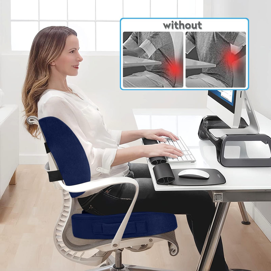 Lumbar Support Pillow & Seat Cushion Set for Office Chair, Desk Chair, Wheelchair & Car–Memory Foam Back Support,Ergonomic Chair Cushions, Sciatica Pain Relief,Home Essentials(Blue,XL)