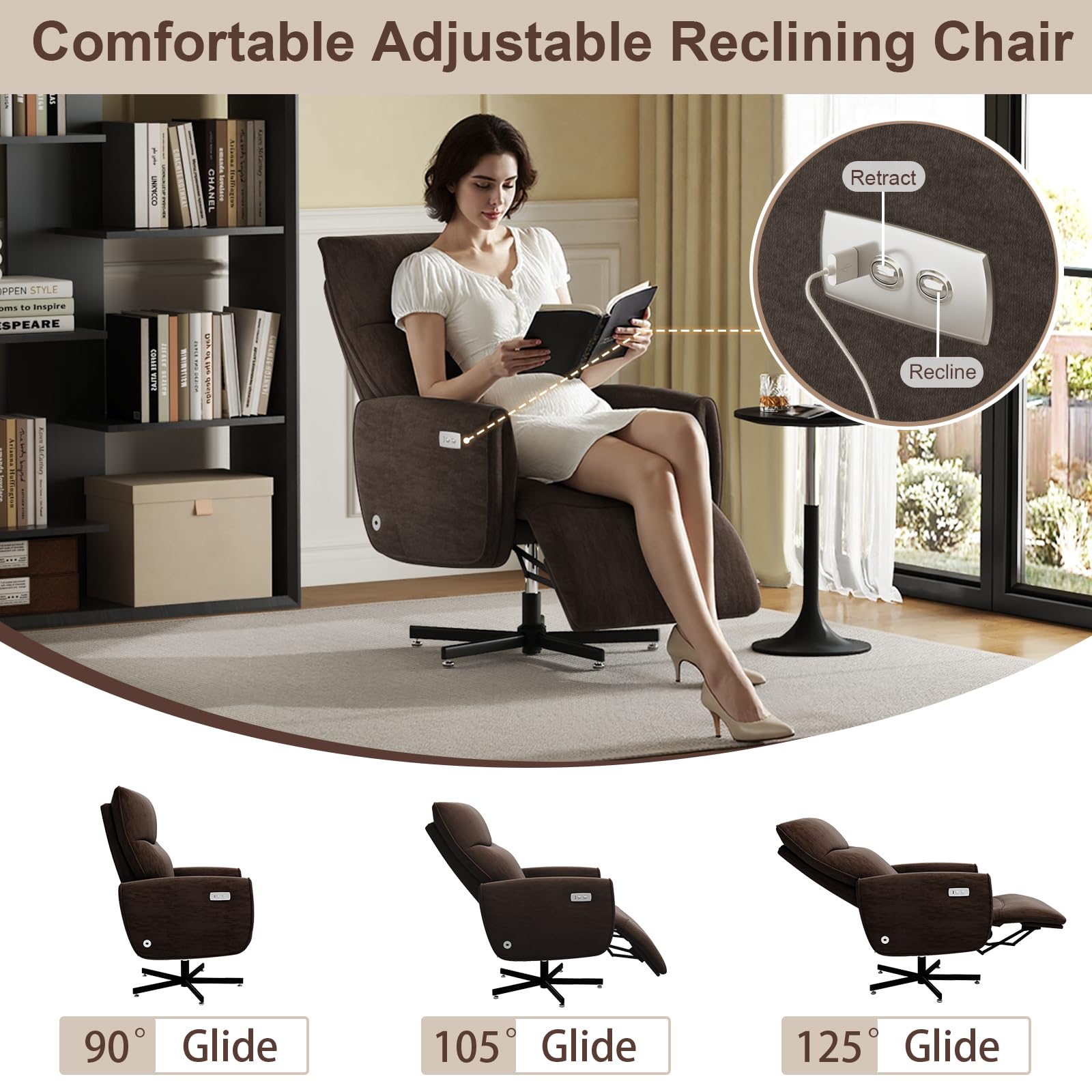 Power Reclining Adjustable Swivel Chair, Ergonomic Executive Office Chair, 90°-125° Tilt, Velvet Upholstery, Built-in USB Charger, 360° Rotation & Height Adjustment, Modern Desk Chair for Home Office