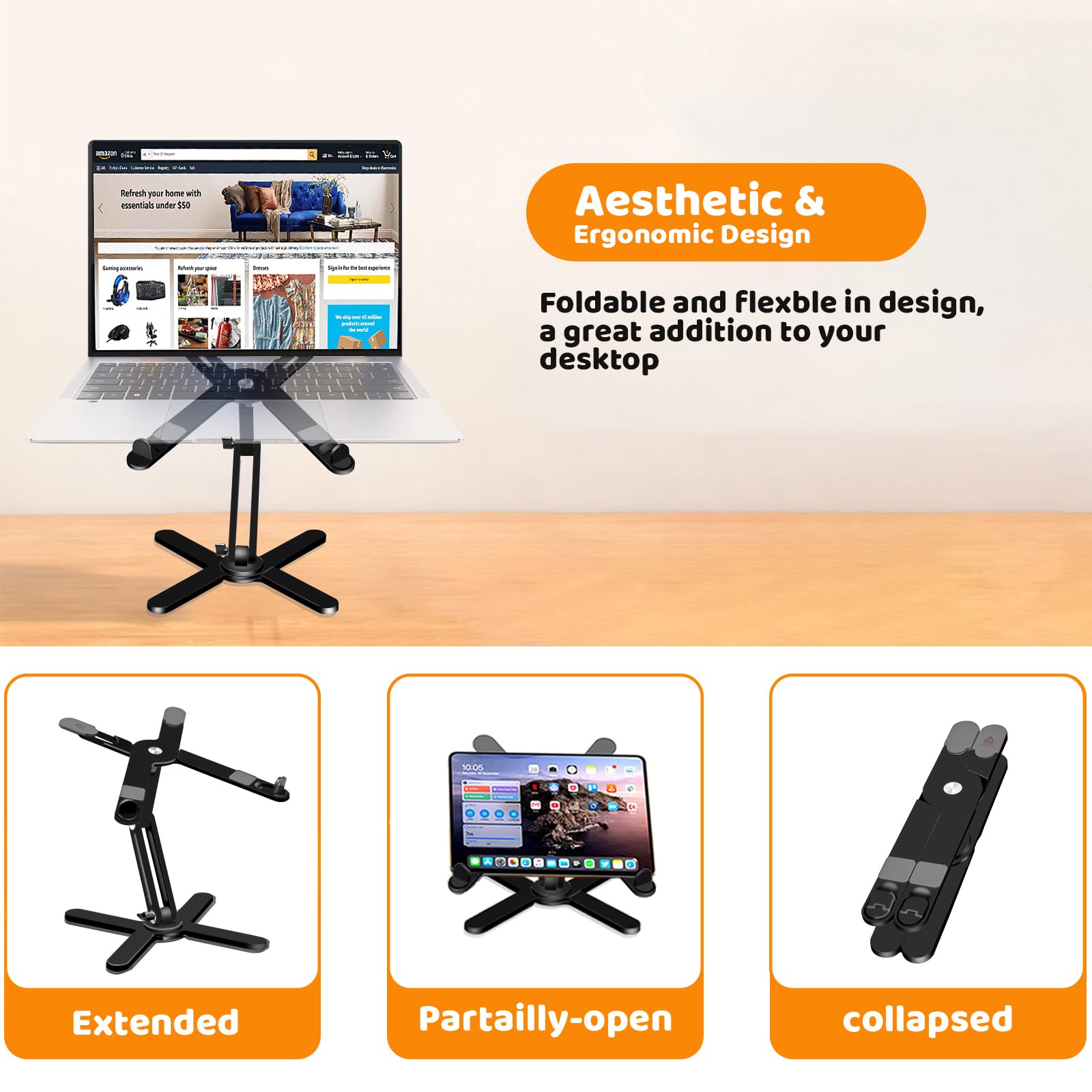 Rotating Laptop Stand, Adjustable Height & Angle, Ergonomic Metal Riser for Desk Collaborative Work, Fully Foldable for Easy Storage, Fits All MacBook & Laptops up to 16 inches, Black
