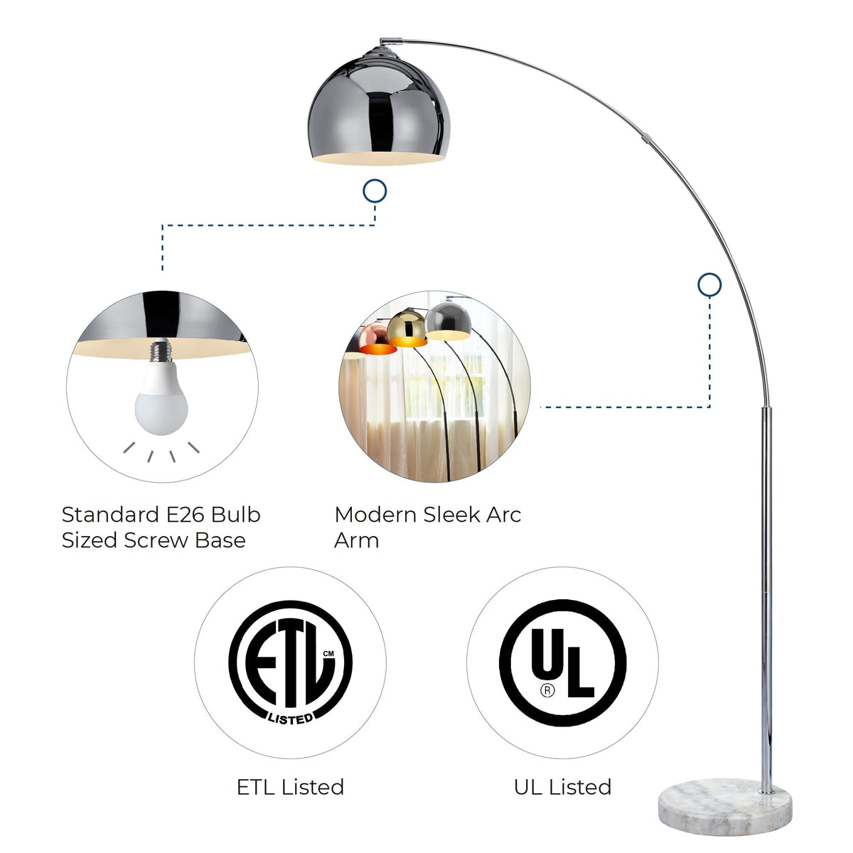 Arquer 68.1" Arc Floor Lamp for Living Rooms, Home Offices, Dining Rooms, Bedrooms with Faux White Marble Base and Chrome Bell Shade