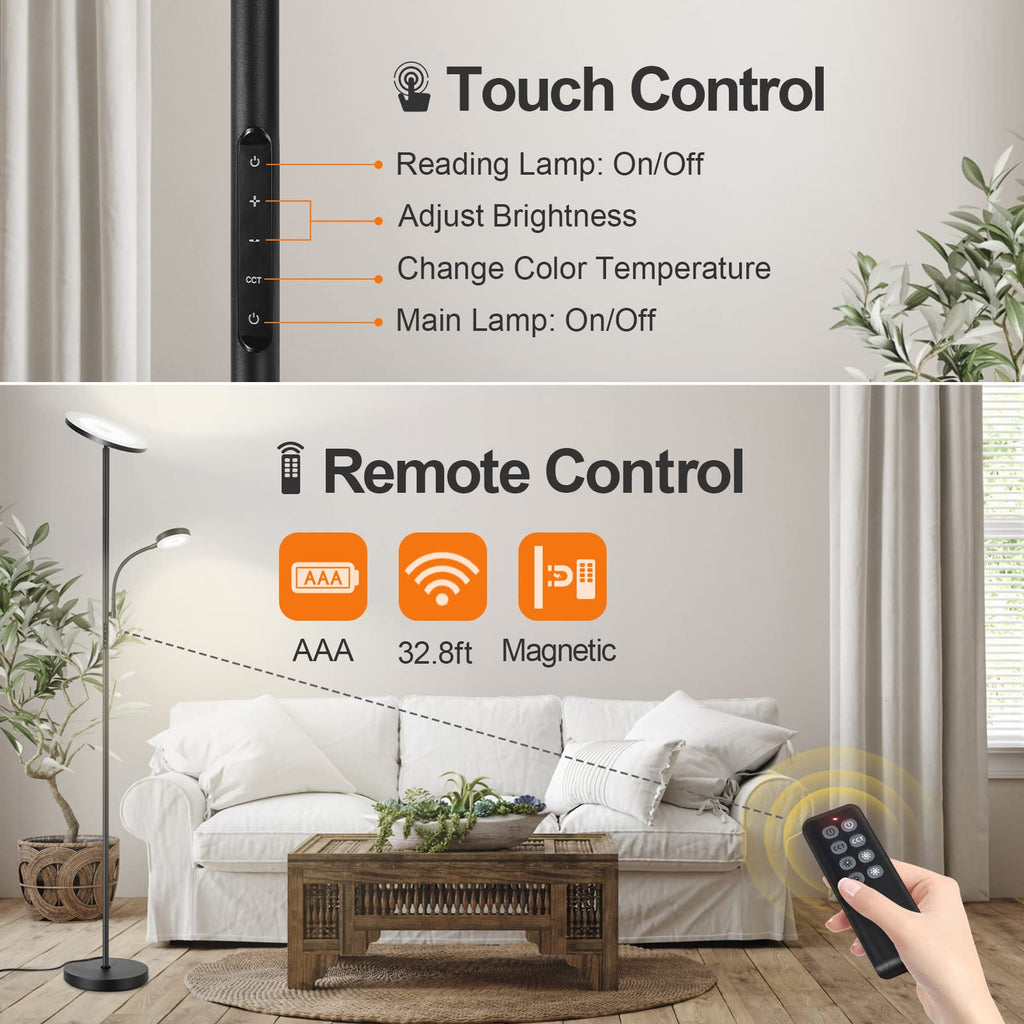 LED Floor Lamp, 27W/2400LM Modern Torchiere Lamp & 7W/ 400LM Reading Lamp, Bright Dimmable Standing Tall Lamp with 4 Color Temperature, Remote Touch Control for Living Room Bedroom Office, Black