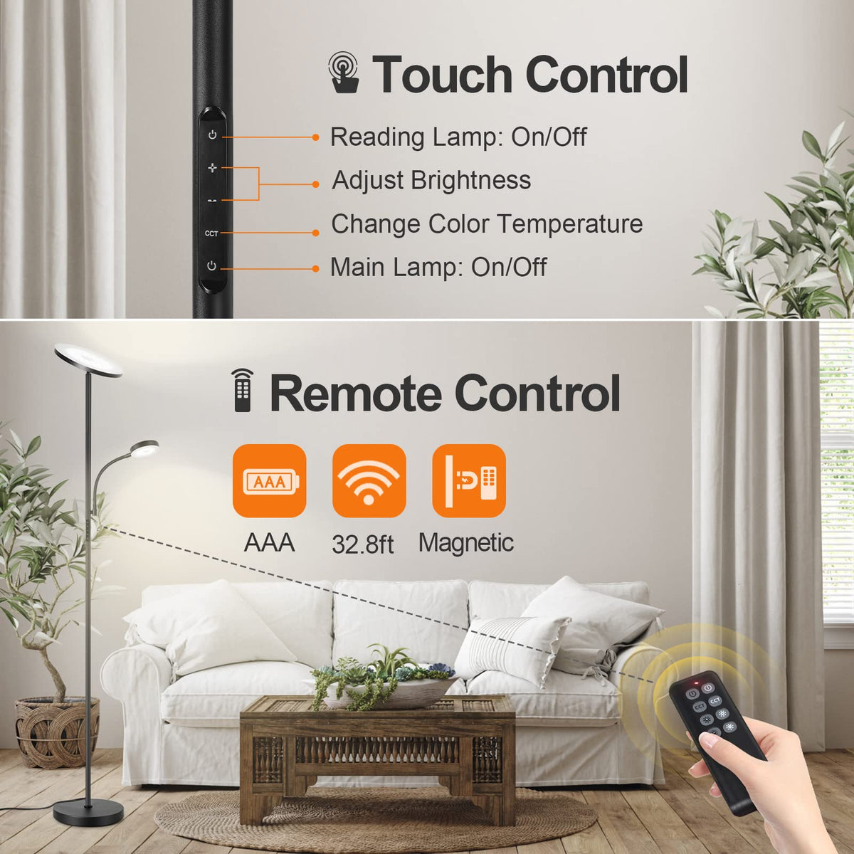 LED Floor Lamp, 27W/2400LM Modern Torchiere Lamp & 7W/ 400LM Reading Lamp, Bright Dimmable Standing Tall Lamp with 4 Color Temperature, Remote Touch Control for Living Room Bedroom Office, Black