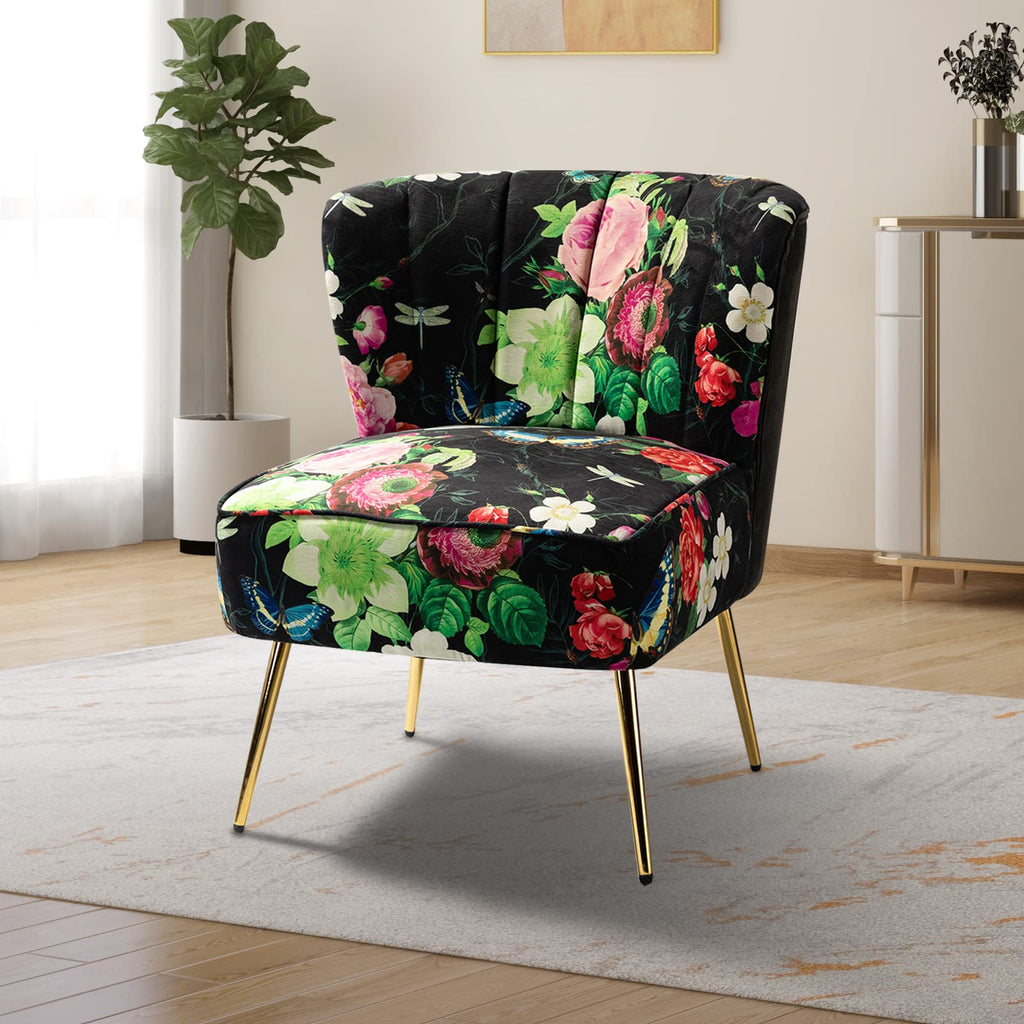 Armless Accent Chair with Gold Metal Legs, Comfy Tufted Floral Fabric Living Room Chair Wingback Small Side Chair, Upholstered Slipper Chair for Bedroom, Reading Room (Print Flower, BLACK)