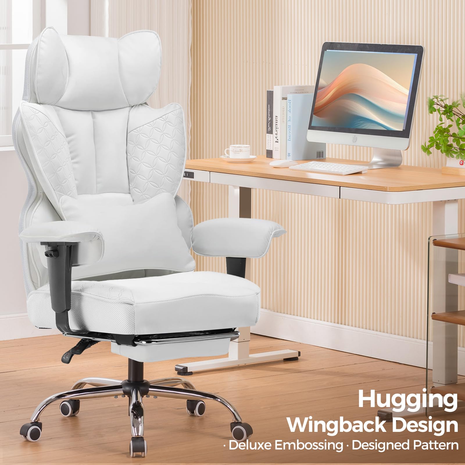 Big and Tall Gaming Chair 400lbs Heavy Duty Office Chair with Foot Rest & Ergonomic Pocket Spring Lumbar Support, High Back Executive Computer Desk Chair for Lower Back Pain Relief, White