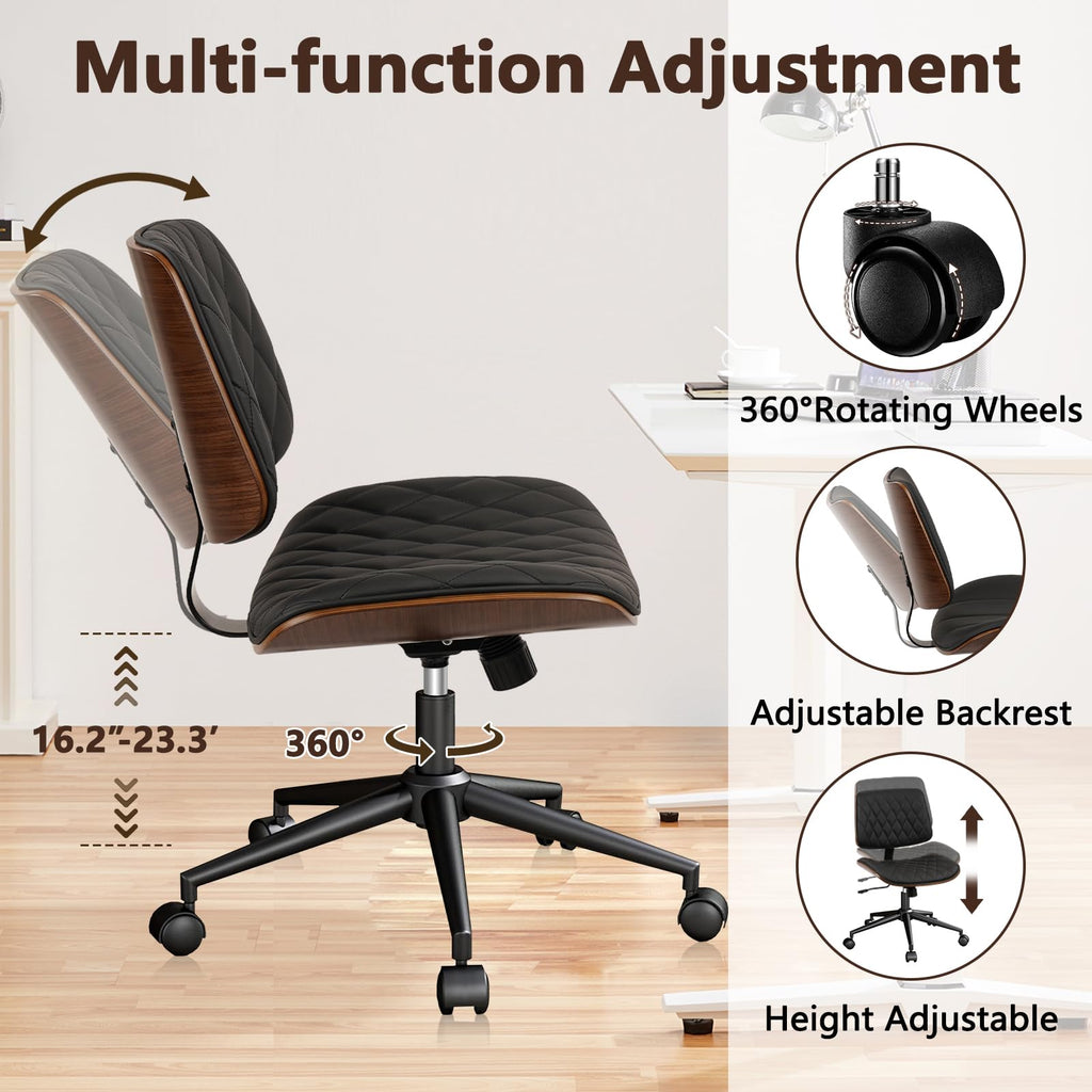 Home Office Desk Chair with Wheels, Adjustable Height Armless Office Chair, PU Leather Mid Back 360 Swivel Computer Chair, Modern Walnut Chair for Home, Meeting, Reading Room,Black(1 pk)