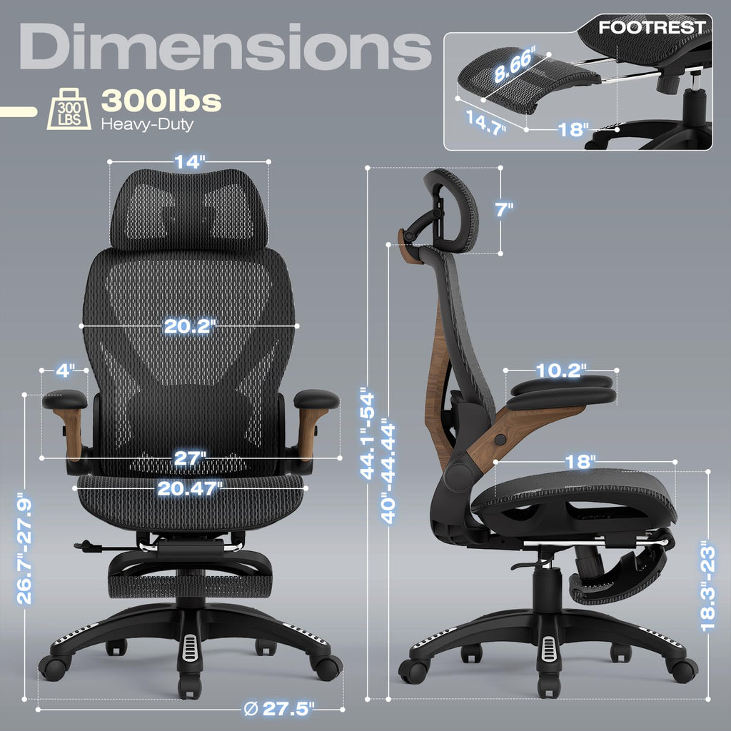 X100 Ergonomic Office Chair with Footrest, Big and Tall Home Desk Chair with 5D Flip-Up Arms, Adjustable 3D Lumbar Support,High Back Rolling Computer Chair, Swivel Mesh Chairs (Library Oak)