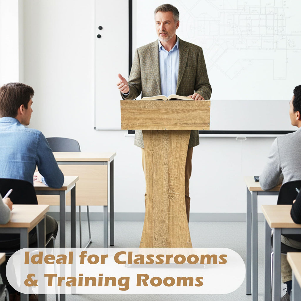 Podium Stand with Lockable Wheels,47"H Wooden Podium for Classroom, Mobile Pulpit Lectern with 3 Storage Shelves for Church, Office,Conference Room (White Oak)