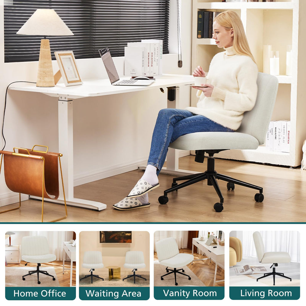 Criss Cross Chair with Wheels Wide Cross Legged Office Desk Vanity Chair Comfy Fabric Armless Adjustable Swivel for Home Computer Task Fabric Beige
