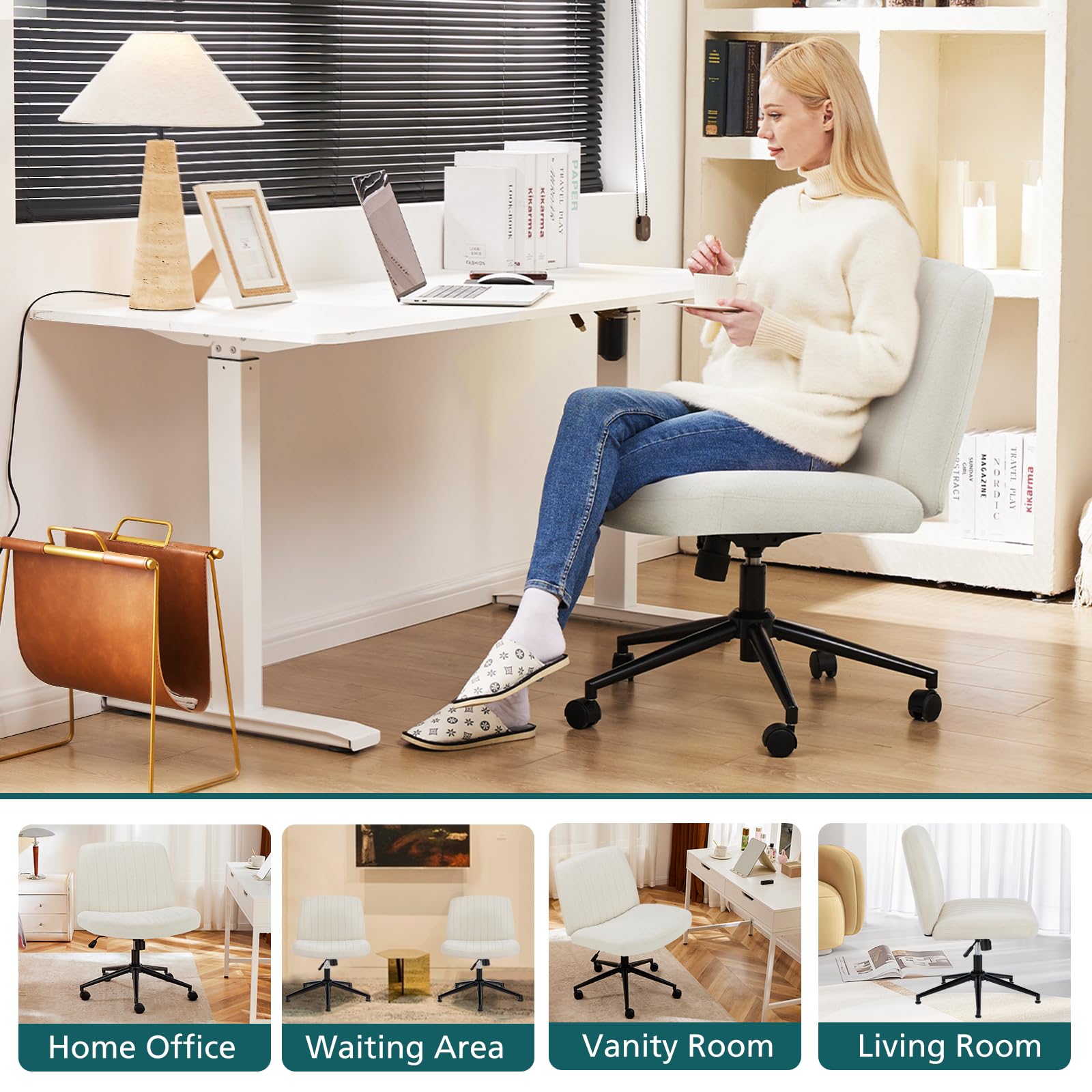 Criss Cross Chair with Wheels Wide Cross Legged Office Desk Vanity Chair Comfy Fabric Armless Adjustable Swivel for Home Computer Task Fabric Beige