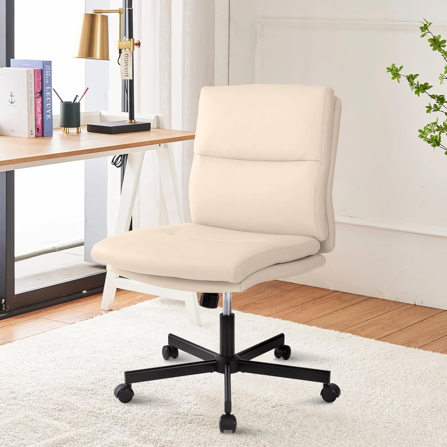 Armless Office Desk Chair with Wheels, Mid-Back Criss Cross Swivel Task Chair, Height Adjustable Cushioned Vanity Chair, Double Padded PU Leather Chair for Home, Office & Bedroom, Beige White