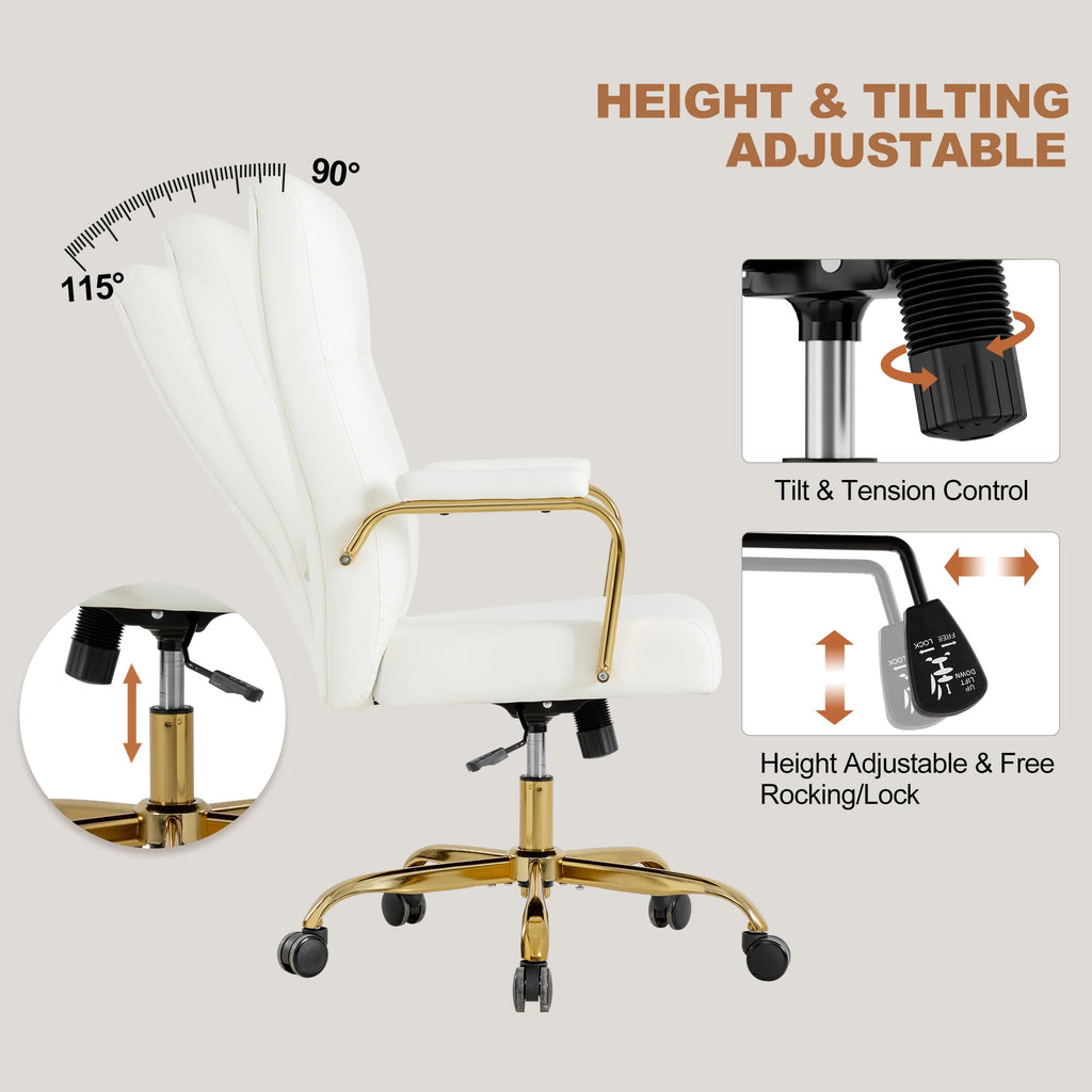 White and Gold Office Desk Chair,Leather Conference Room Chairs with Wheels,Modern High Back Executive Office Chair with Memory Foam,Ergonomic Swivel Computer Chair for Home Office