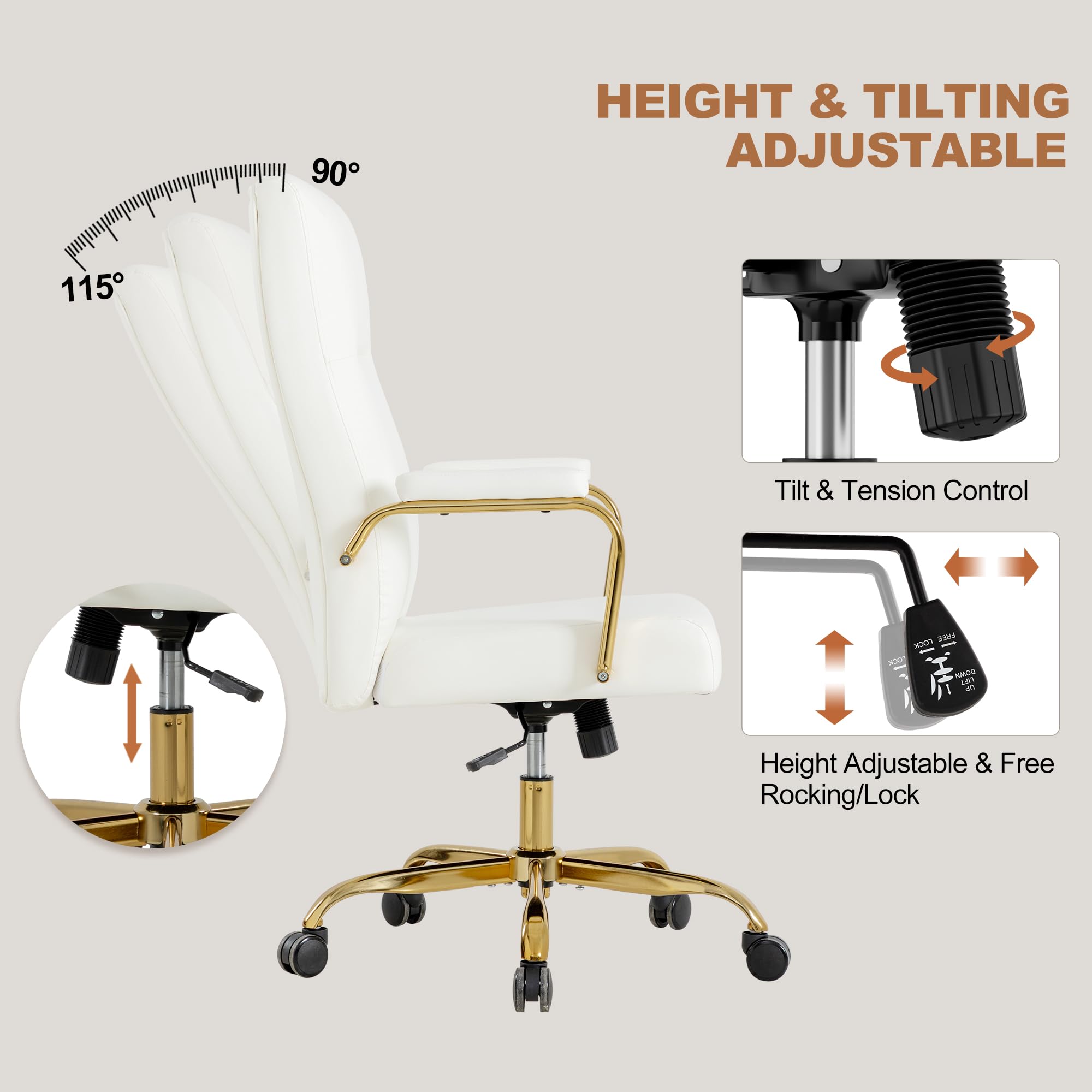 White and Gold Office Desk Chair,Leather Conference Room Chairs with Wheels,Modern High Back Executive Office Chair with Memory Foam,Ergonomic Swivel Computer Chair for Home Office