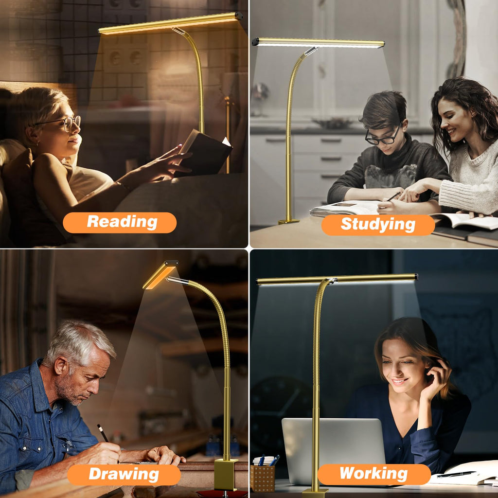 LED Desk Lamp for Office Home, Eye-Caring Desk Light with Stepless Dimming Adjustable Flexible Gooseneck, 10W USB Adapter Desk Lamp with Clamp for Reading, Study, Workbench (Gold)