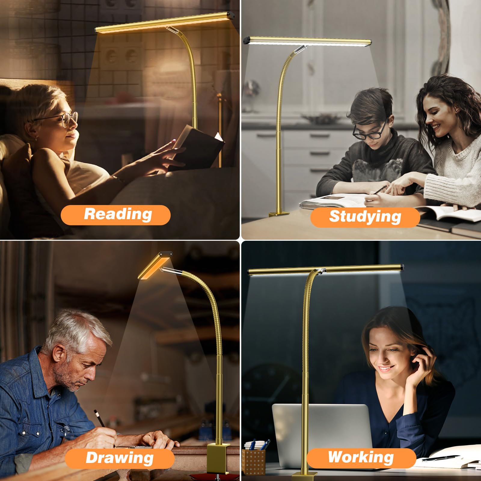 LED Desk Lamp for Office Home, Eye-Caring Desk Light with Stepless Dimming Adjustable Flexible Gooseneck, 10W USB Adapter Desk Lamp with Clamp for Reading, Study, Workbench (Gold)