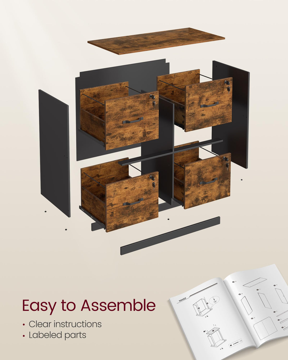 4-Drawer Lateral File Cabinet, Compact, Locking, Printer Stand