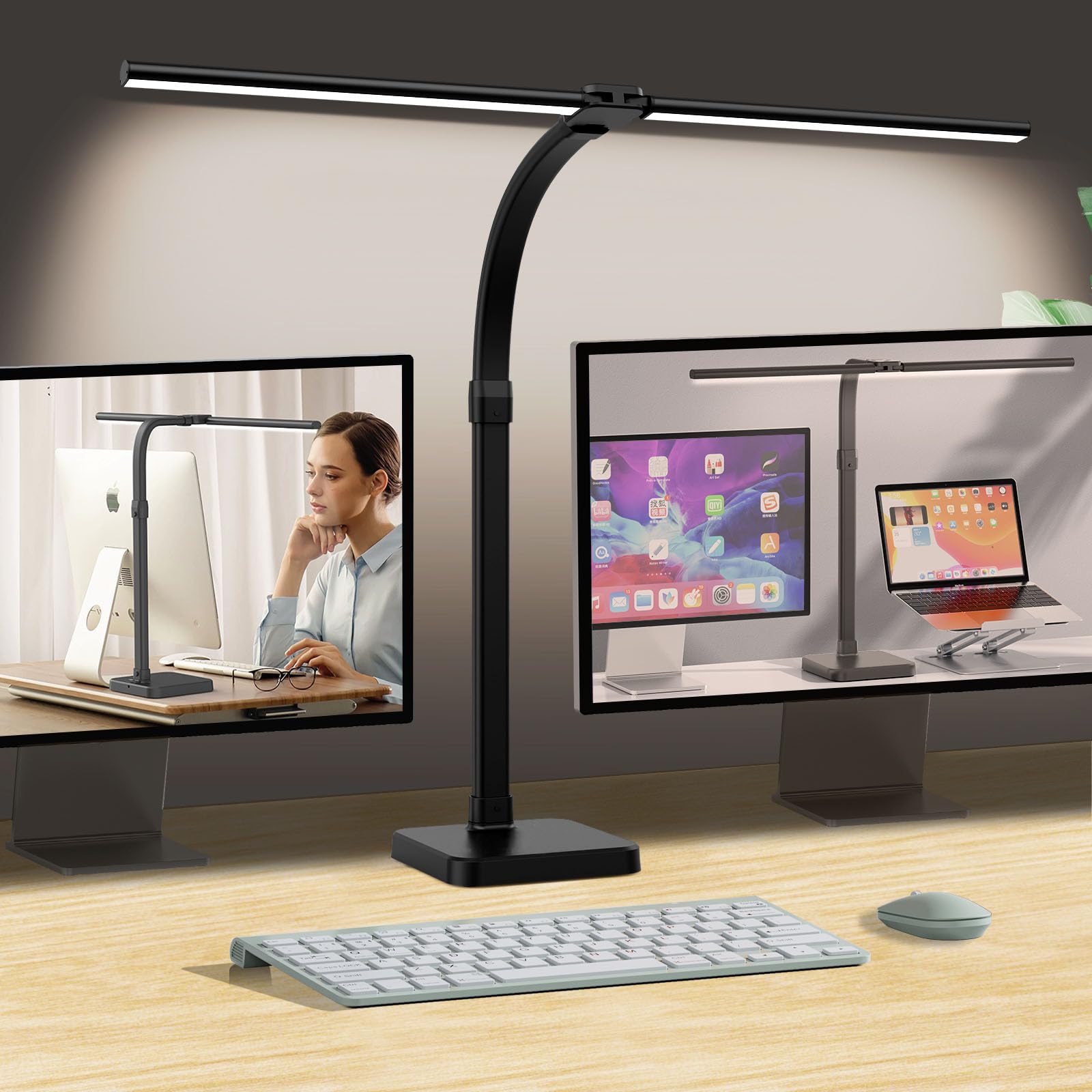 LED Desk Lamp for Office, Double Head 24W with Base, Architect Light 5 Lighting Brightness Flexible Gooseneck Table Reading Study, Black