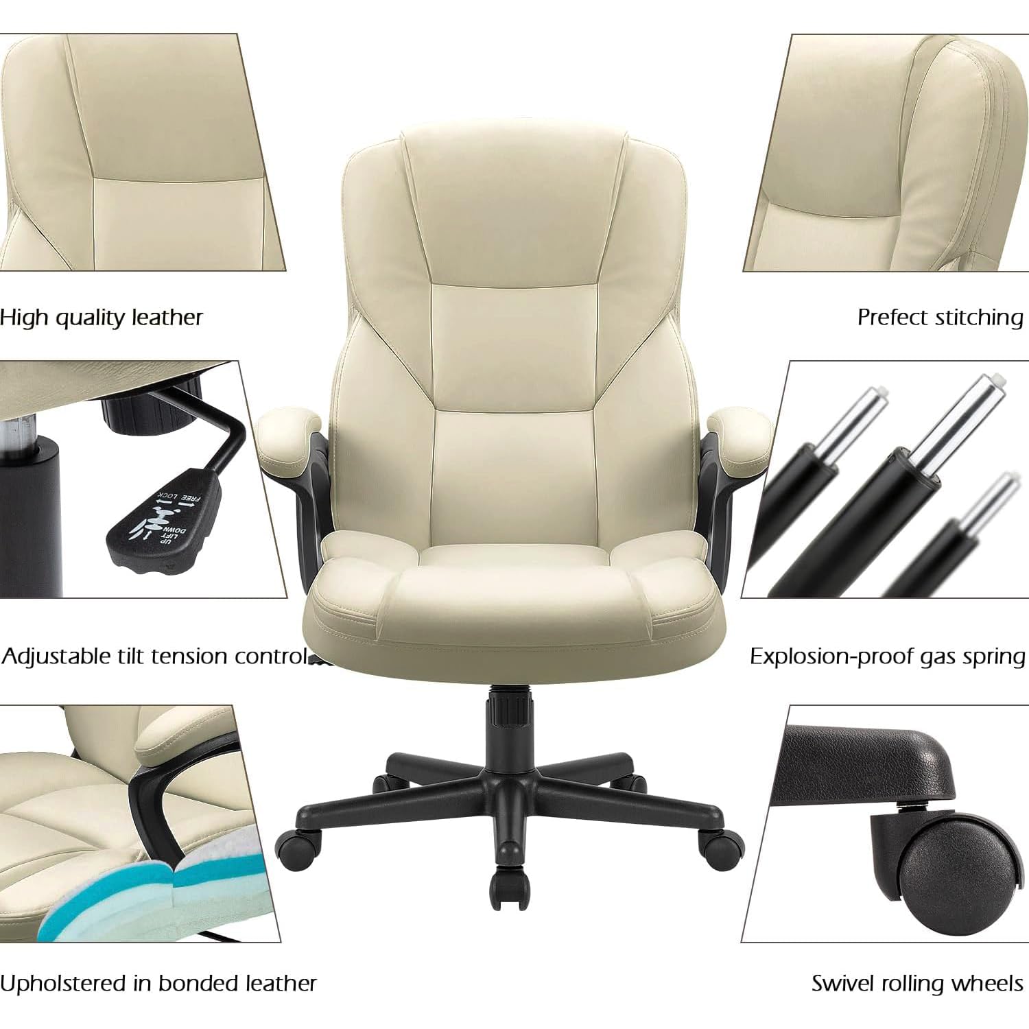Office Executive Chair High Back Adjustable Managerial Home Desk Chair, Swivel Computer PU Leather Chair with Lumbar Support (1, Khaki)