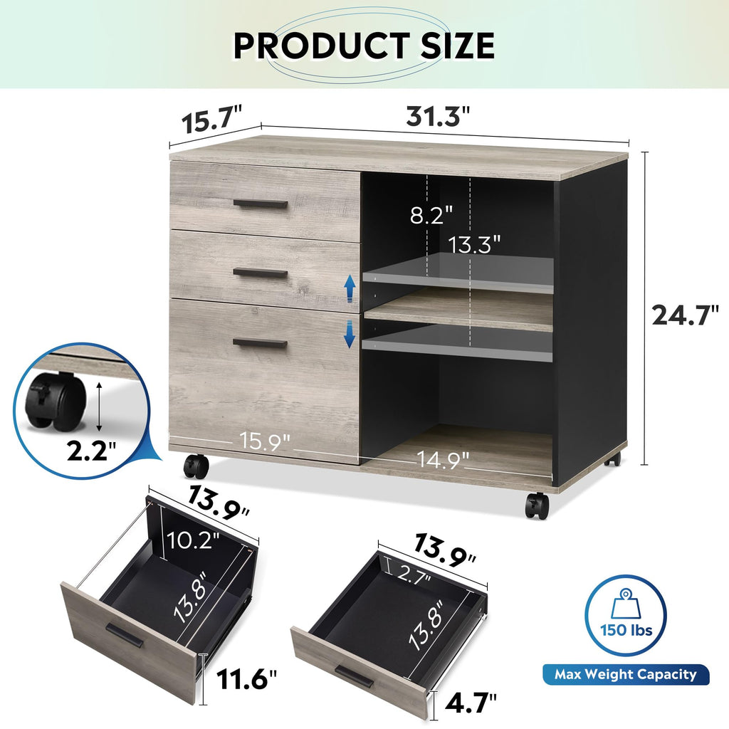 3-Drawer Mobile File Cabinet, Lateral Filing Cabinet, Greige