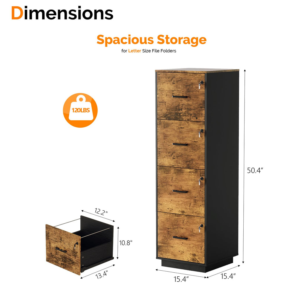 4 Drawer File Cabinet with Lock, Home Office Filing Organizer, for Letter Size File Folder Storage, Wood Tall Vertical Filing Cabinet, Printer Stand, Archivador (Rustic Brown)