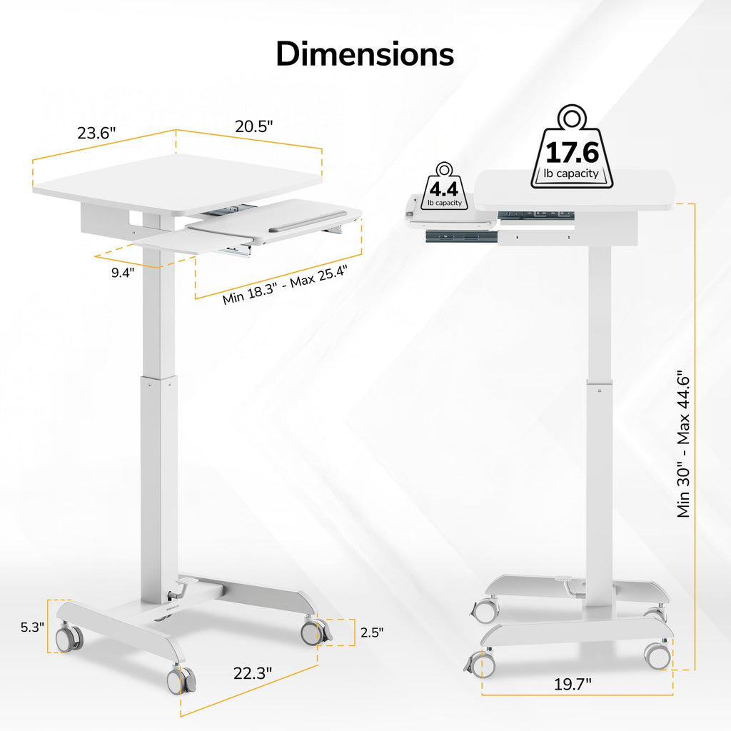 Height Adjustable Rolling Laptop Desk with Keyboard Tray, Mobile Sit-Stand Computer Cart with Wheels, Small Standing Desk for Home, Office, or Classroom, 23.6" x 20.5", White