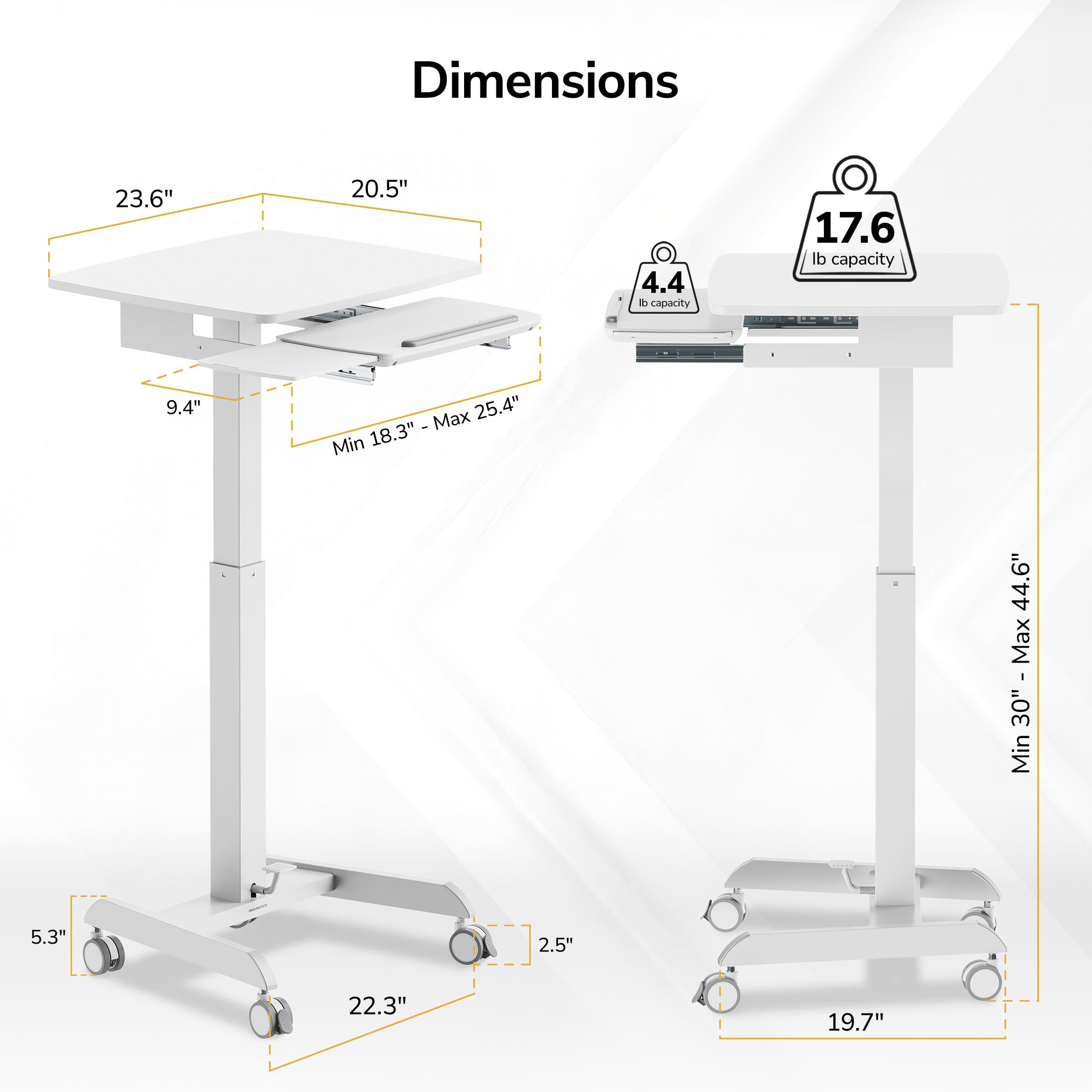 Height Adjustable Rolling Laptop Desk with Keyboard Tray, Mobile Sit-Stand Computer Cart with Wheels, Small Standing Desk for Home, Office, or Classroom, 23.6" x 20.5", White