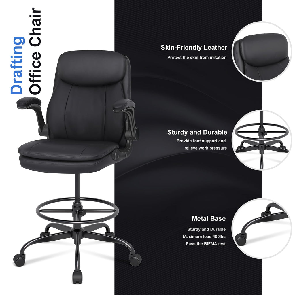 Drafting Chair, Tall Office Chair for Standing Desk, High Leather Executive Office Chair with Adjustable Height and Flip-up Armrest for Counter Height Desk