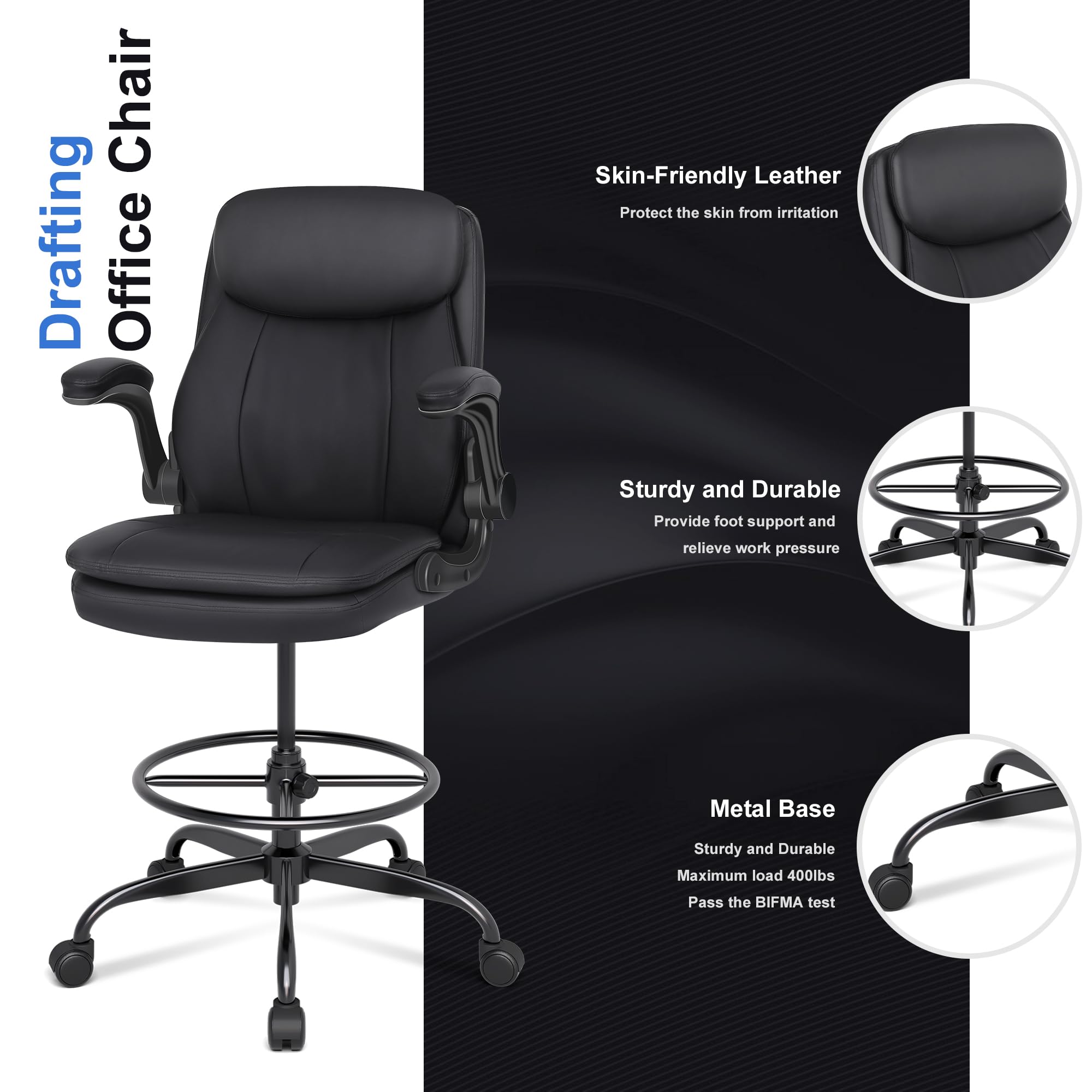 Drafting Chair, Tall Office Chair for Standing Desk, High Leather Executive Office Chair with Adjustable Height and Flip-up Armrest for Counter Height Desk