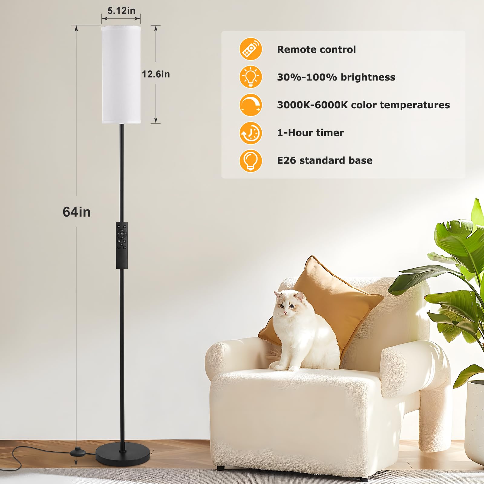 Floor Lamps for Living Room, 64" Modern Floor Lamp with Remote Control and Stepless Dimmable Colors Temperature & Brightness, Standing Lamps for Living Room Bedroom Office, 9W Bulb Included