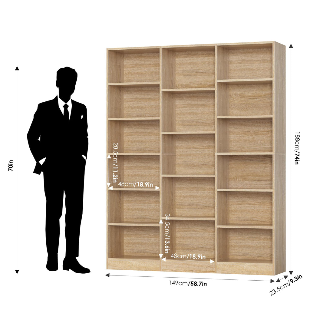 Triple Wide Bookshelf, Large Bookshelf with 17 Display Shelves