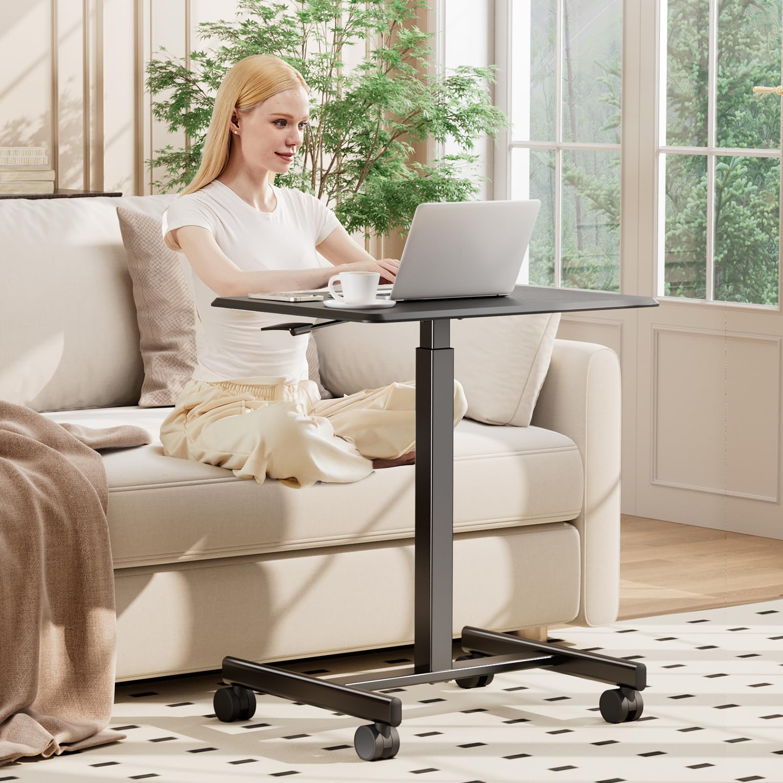 Small Rolling Desk Mobile Standing Portable Laptop PC Table with Wheels, Adjustable Height Computer Workstation for Bedroom Study Use, Space Saving Home Office Desk, Modern Black