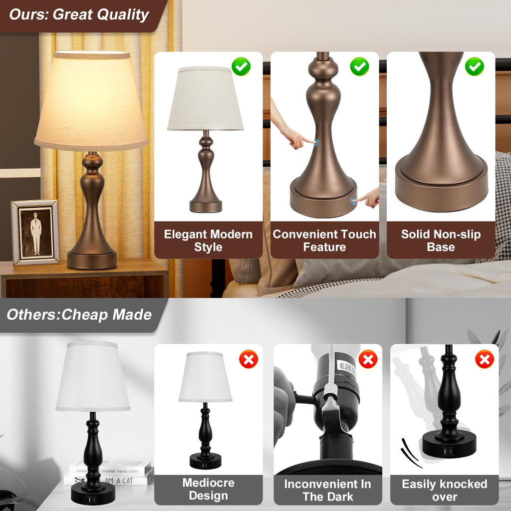 Touch Lamps for Nightstand, 3 Way Dimmable Bedside Lamps with USB C+A Ports