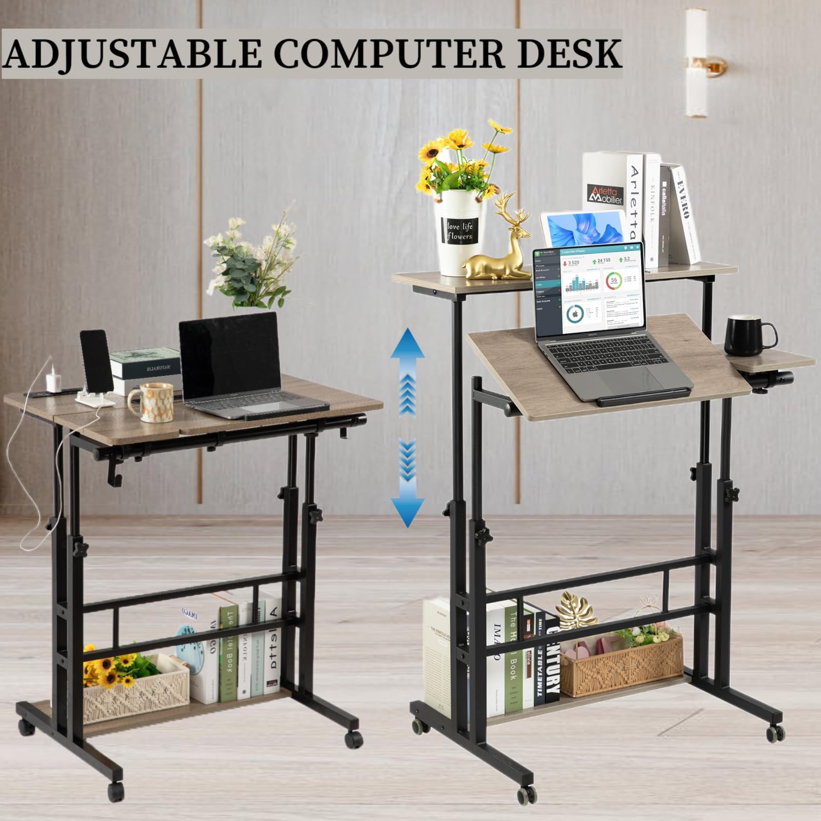 Rolling Stand Up Desk Adjustable Height - Portable Standing Desk with Wheels & Charging Station, Mobile Laptop Desk Small Standing Desk Drawing Table, Grey