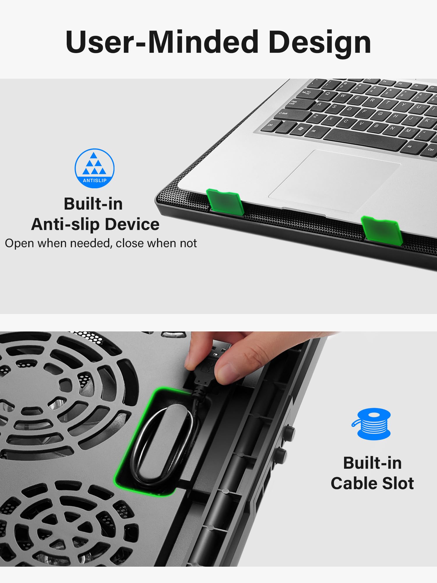 Laptop Cooling Pad, Laptop Cooler with 5 Quiet Fans for 12"-17" Computer PC Notebook Gaming Laptop Fan, Height Adjustable Laptop Cooling Stand Laptop Accessories, Green