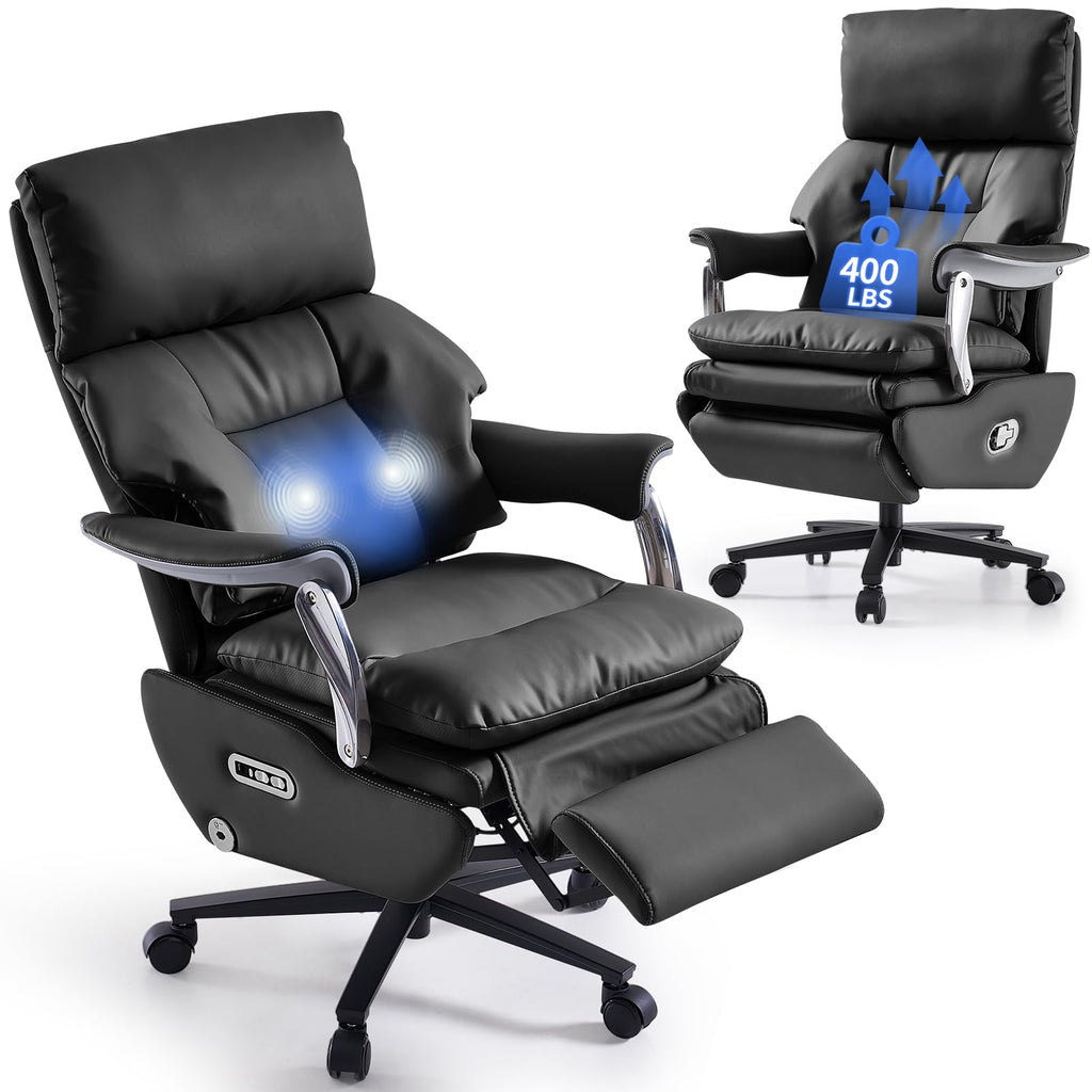 Ergonomic Office Chair with Foot Rest Electric Executive Office Chair-Power Reclining with Massage Big and Tall High Back Computer Chair with Wheels, Sustainable Leather（Black）