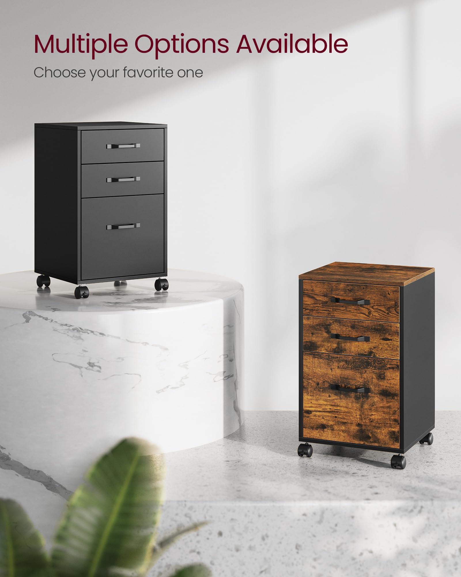 Mobile File Cabinet, 3 Drawers Filing Cabinet with Wheels, for Home Office, for A4, Letter Sized Documents, Adjustable Hanging Rail for File Folders, Rustic Brown and Ink Black