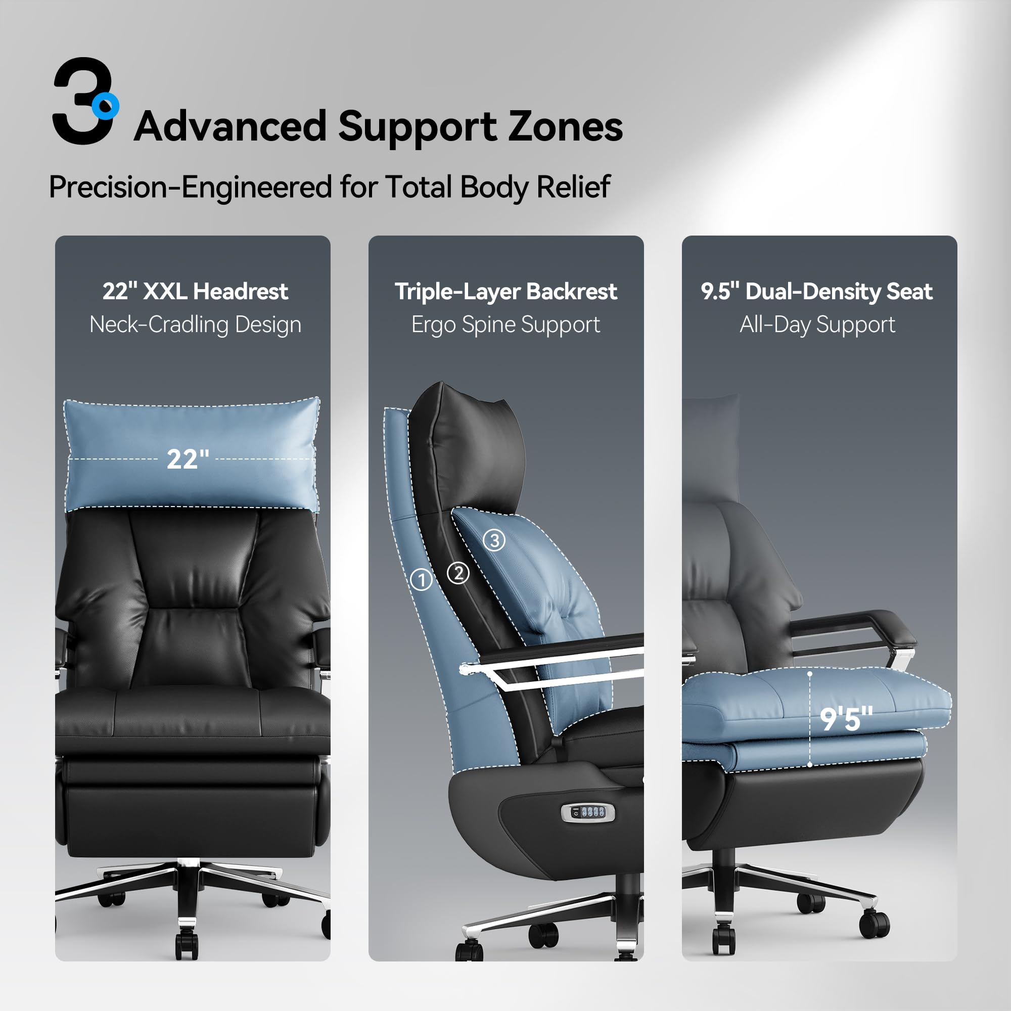 Dual Motor Electric Executive Office Chair with Heat Massage Ventilation, Comfortable Reclining Office Chair Wide Seat, Ergonomic Leather Home Office Desk Chair (Black,Multi-Functionality)