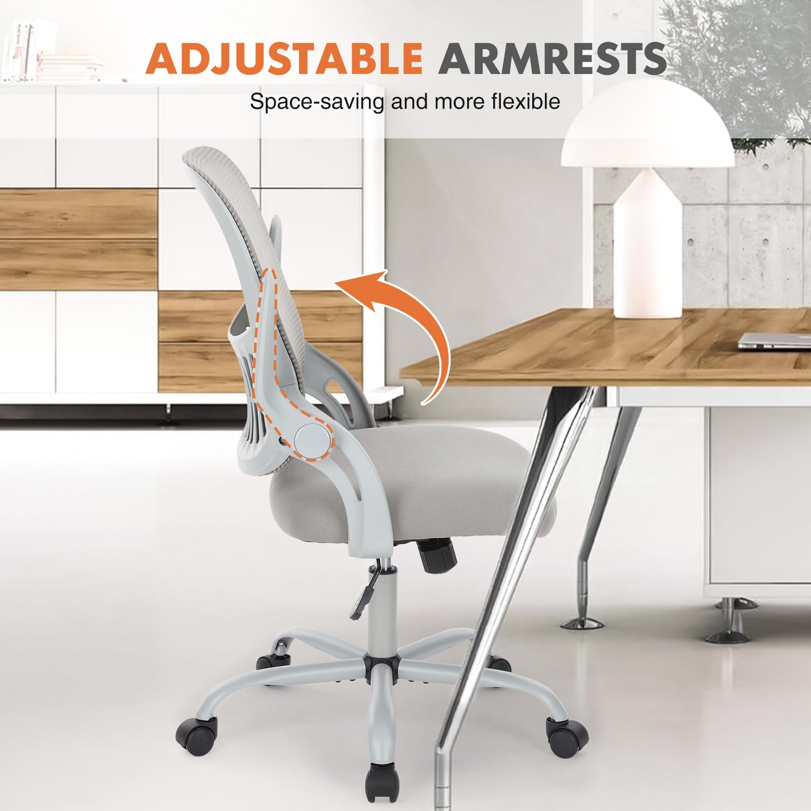 Home Office Managerial Executive Chair, Ergonomic Mesh Adjustable Swivel Mid-Back Chair with, Flip-up Arms, Comfortable Lumbar Support, Comfy Arms for Bedroom,Study,Student, Grey