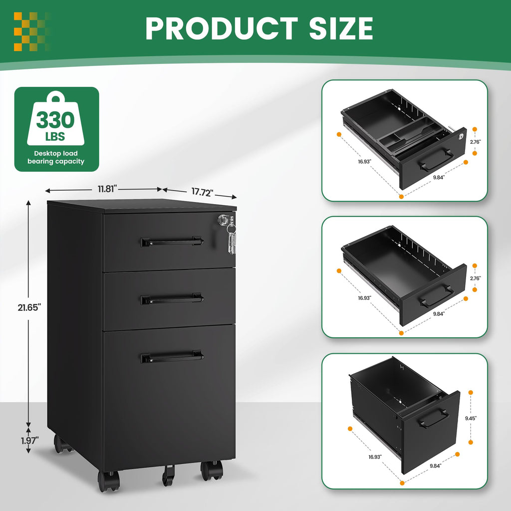 3 Drawer Slim File Cabinet, Mobile Filing Cabinet with Lock,Black Rolling Narrow File Cabinets with Casters, Under Desk Office Cabinets for Home Office,Fit A4/Letter/Legal(Unassembled)