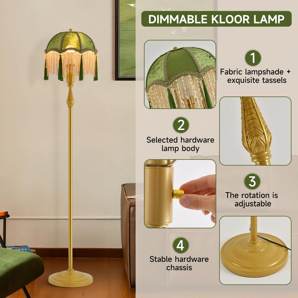 Retro Tassel Floor Lamp with Adjustable Light Simple Upright Metal Base LED Night Lamp for Room 13" Wide, 62.2" High