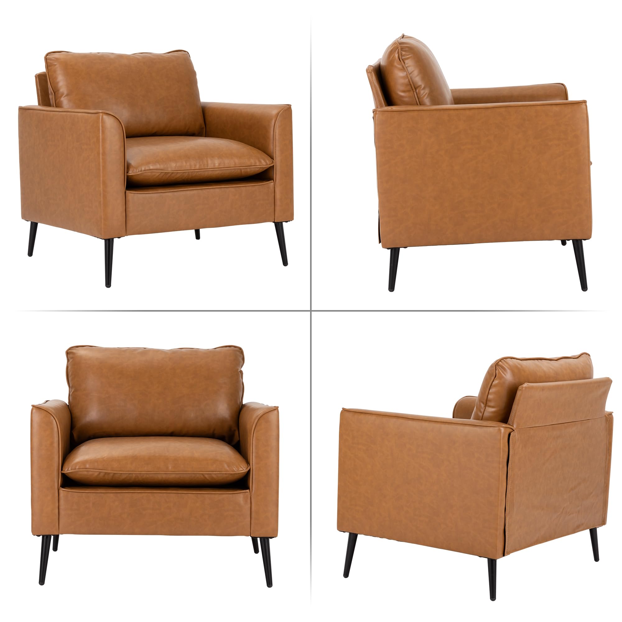 Oversized Upholstered Accent Chair, Modern Brown Leather Single Sofa for Bedroom or Living Room, Mid-Century Comfy Reading Armchair for Lounge or Waiting Area