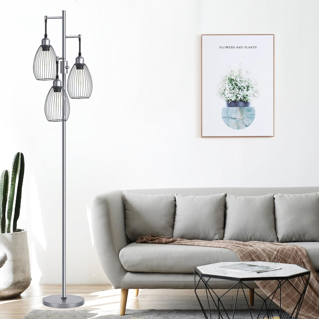 Floor Lamp, 3 x 800LM LED Edison Bulbs Included, Industrial Floor Lamp Standing Tree Lamp with Elegant Teardrop Cage Heads Tall Lamps for Living Room Bedroom-Grey