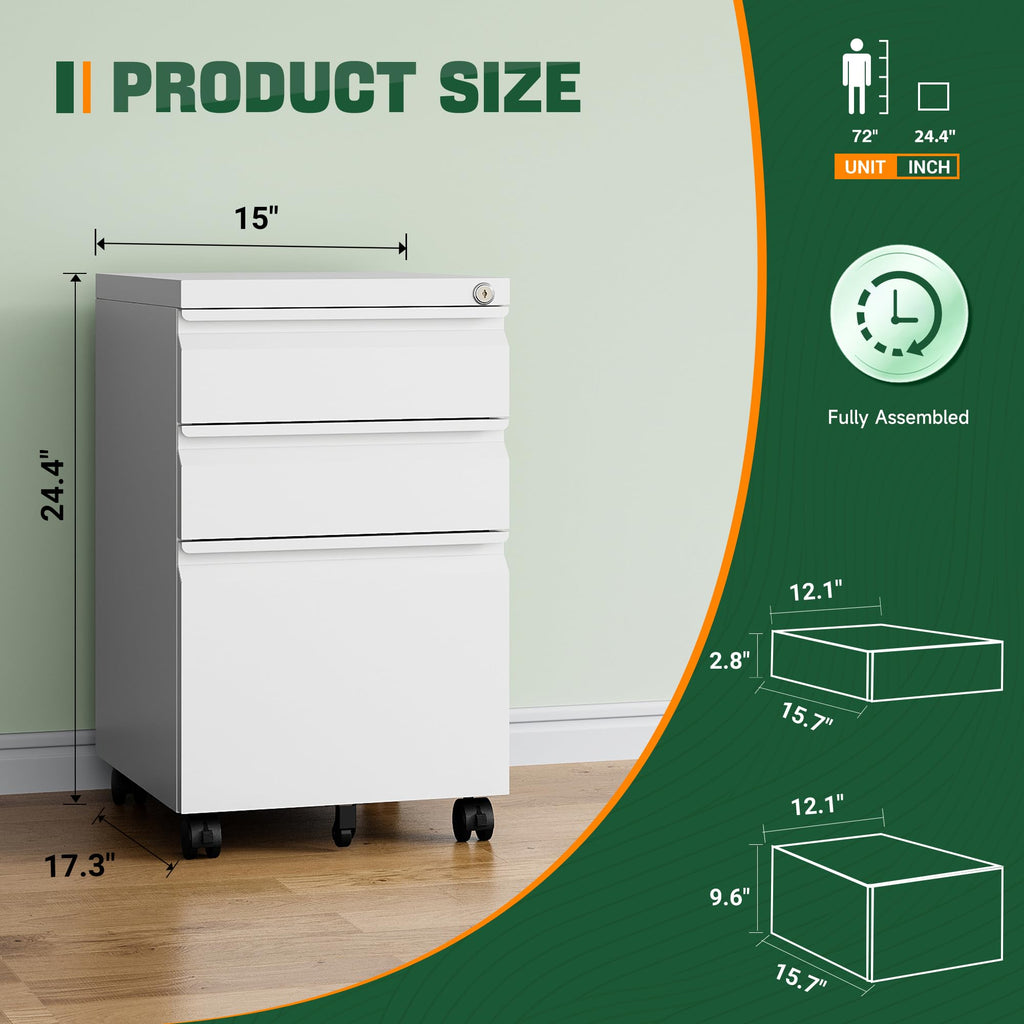 3 Drawer Mobile File Cabinet with Lock, Under Desk Metal Filing Cabinets for Home Office Organizer Letters/Legal/A4(Fully Assembled-White)