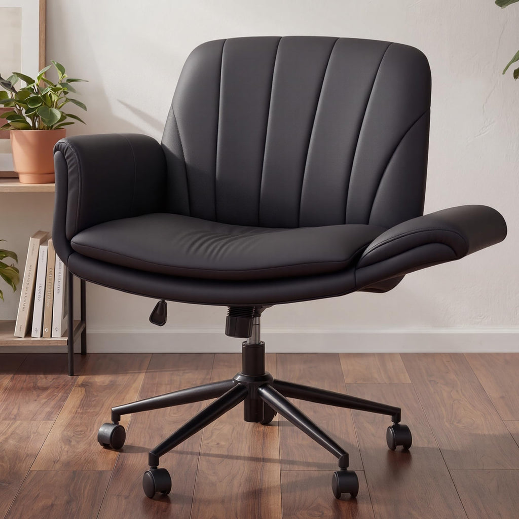 Criss Cross Chair with Five-Level Adjustable Arms and Wheels - Comfortable Ergonomic PU Leather Swivel Vanity Chair - Computer Makeup Gaming Chair for Home Office, Bedroom, Living Room (Black)